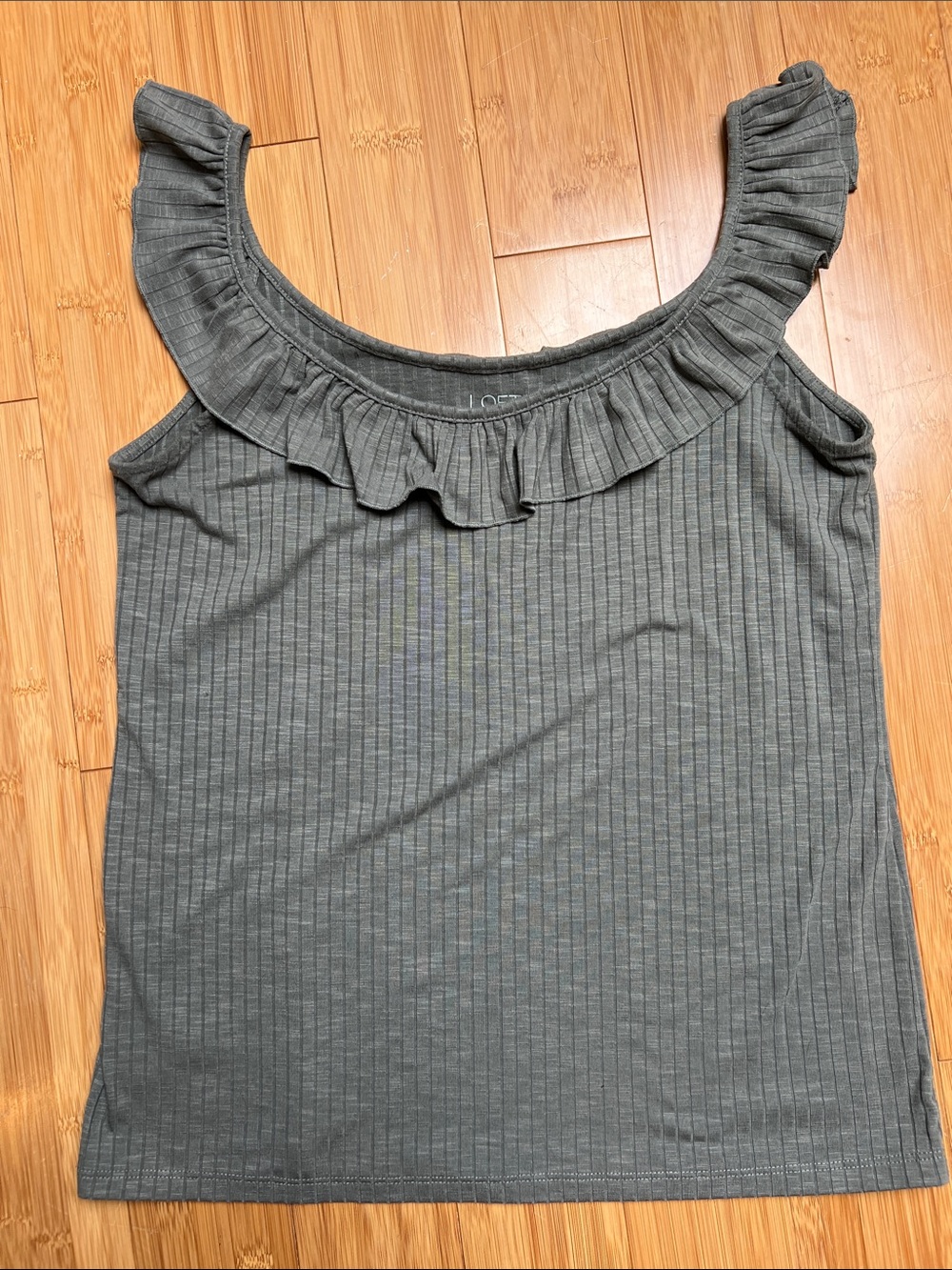 LOFT Outlet Olive Ribbed Ruffle Scoop Tank - Picture 1 of 2